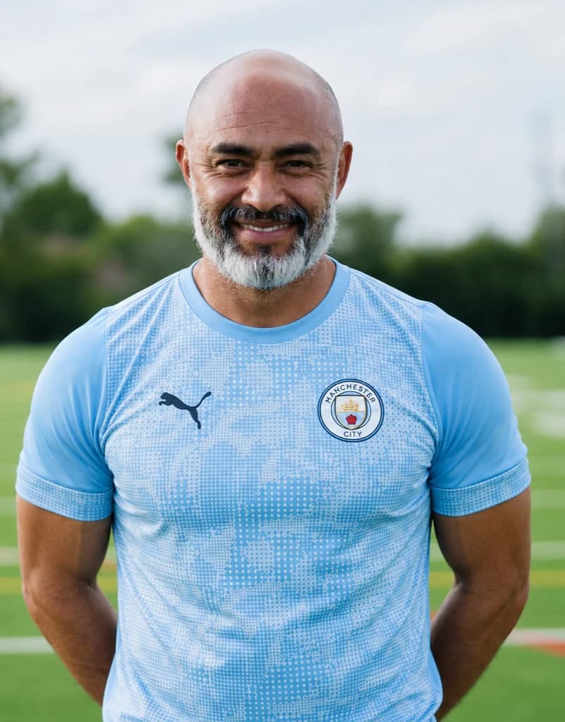 Alberto Carbajal smiling at the football fields in his Manchester City shirt