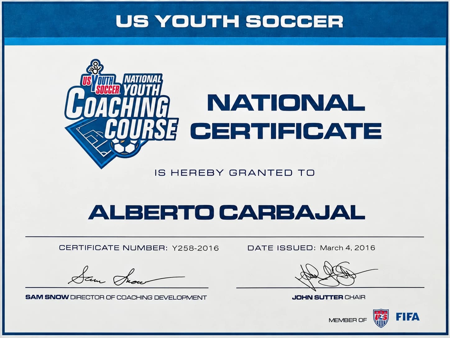 National Youth License certificate awarded to Alberto Carbajal