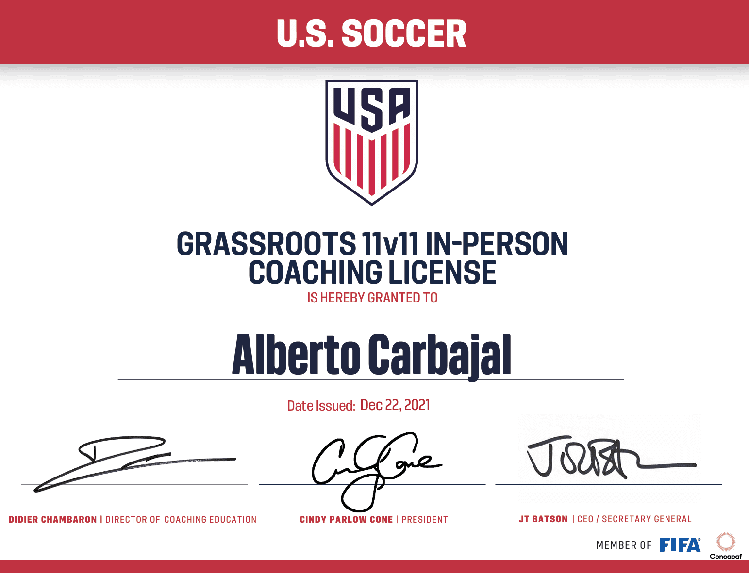 Grassroots 11v11 certificate awarded to Alberto Carbajal
