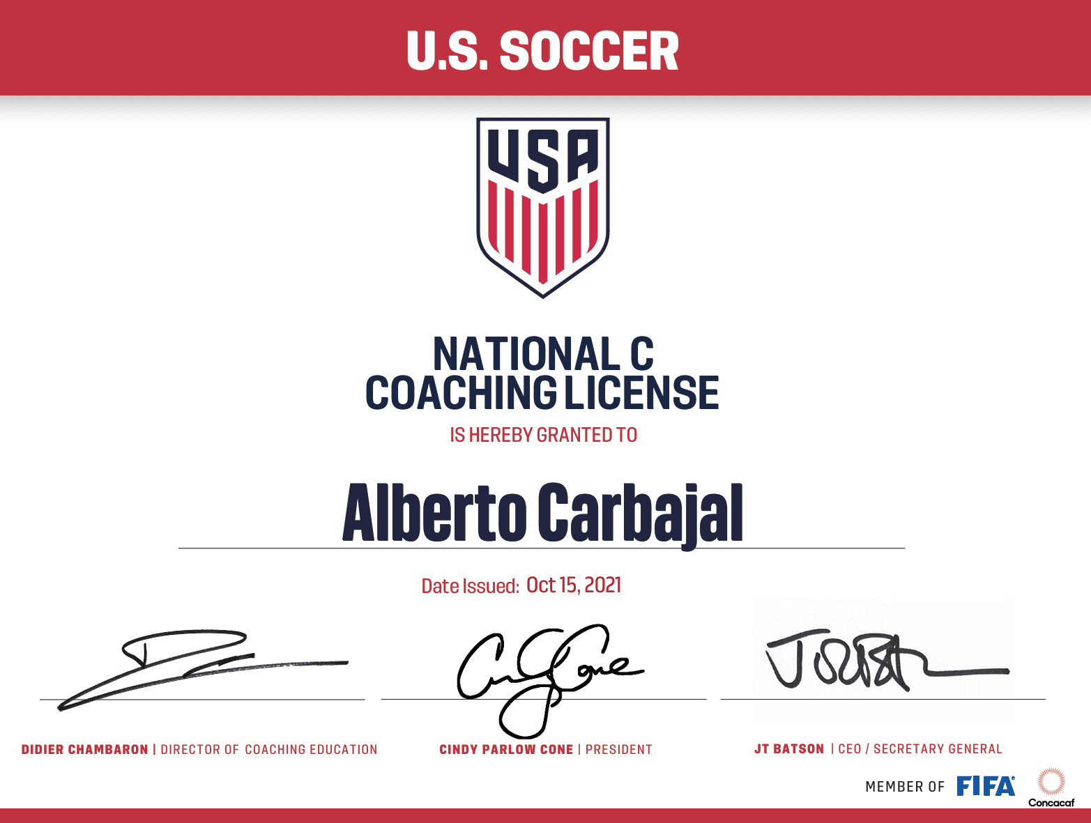 National C License certificate awarded to Alberto Carbajal
