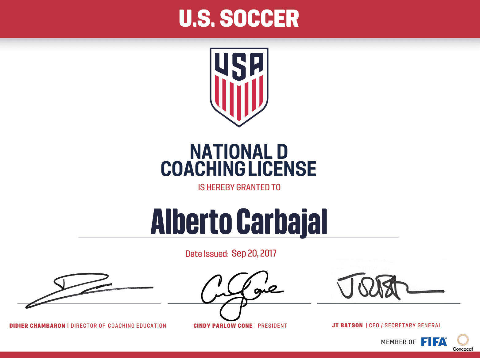 National D License certificate awarded to Alberto Carbajal