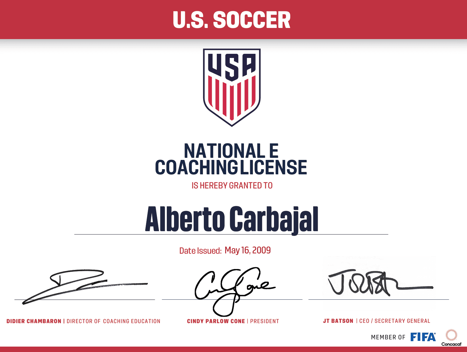 National E License certificate awarded to Alberto Carbajal