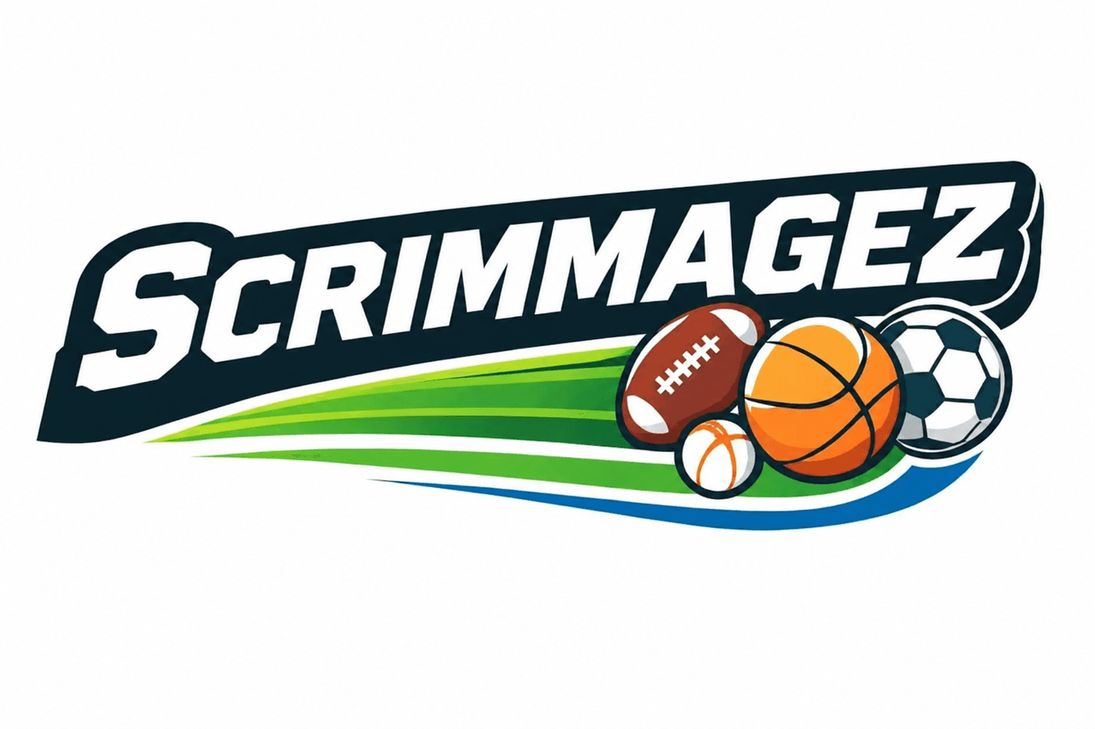 Scrimmagez logo with football, basketball, baseball, and soccer ball illustrations