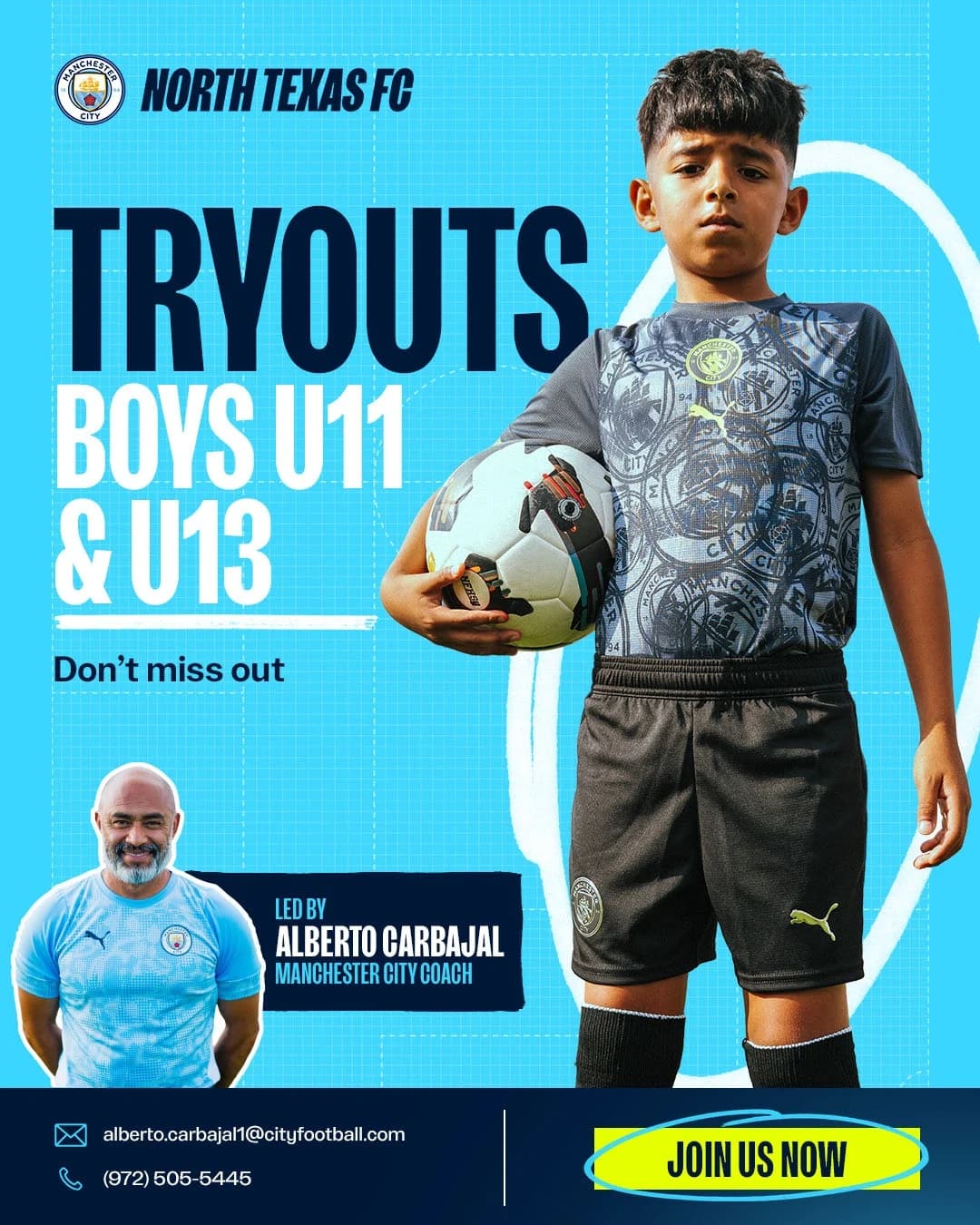 Manchester City North Texas FC boys U11 and U13 recruitment graphic featuring Coach Alberto Carbajal